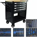 Produktbild: Werkstattwagen Werkzeugwagen 4 Schubladen bestückt schwarz Massivholz Platte Profi Compact