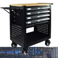 Produktbild: TRUTZHOLM Werkstattwagen Profi Compact Massive Holzplatte mit 4 Schubladen bestückt + Stauraum Montagewagen Werkzeugwagen inkl. 148tlg. Chromvanadium-Werkzeug Seitenablage