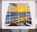 Produktbild: ABAKUHAUS Küsten Rustikaler Gardine, Open Window Sonnenaufgang Meer, Schlafzimmer Kräuselband Vorhang mit Schlaufen und Haken, 280 x 175 cm, Gelb Blau