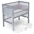 Produktbild: FabiMax Baby Beistellbett für Boxspringbett, TÜV geprüft 2022, inkl. Matratze und Nestchen aus Netzstoff, Buche massiv grau, Classic/weiße Sterne auf grau