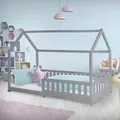 Produktbild: ML-Design Kinderbett 90x200 cm mit Rausfallschutz, Dach und Lattenrost, Hellgrau, Hausbett aus massivem Kiefernholz, Bodenbett, Holzbett - Hellgrau