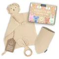 Produktbild: Amari ® Schmusetuch (Beige Löwe) mit Beißring und Lätzchen, Geburt für Junge und Mädchen - Baby Geschenk Neugeborene - Schnuffeltuch Babygeschenke Set zur Babyparty