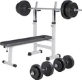 Produktbild: GORILLA SPORTS® Hantelbank - inkl. Hantelset 70g, Ablage, Dip-Station, Höhenverstellbar, Klappbar, bis 200kg, Weiß - Trainingsbank mit Langhantelset