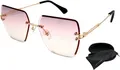 Produktbild: Luxus Damen Sonnenbrille Gold wertige Facettenschliff Gläser Quadratisch Rahmenlos Festivalbrille Rosa Verlaufsgetönt