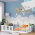 Produktbild: Bellabino Vere Bodenbett 140x200 cm – Montessori Kinderbett mit Matratze, Rausfallschutz & Lattenrost – Jungen & Mädchen Kinder Bett aus Holz Kiefer – Kleinkindbett in Weiß