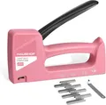 Produktbild: HAUSHOF Handtacker Pistole Pink Polstertacker Holz-Tacker für Klammern Typ 53, mit 800 Klammern 8 mm und Klammerentferner für Holz, Stoff, Möbel