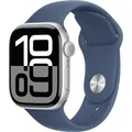 Produktbild: Apple Watch Series 10 (GPS 42 mm) Smartwatch mit Aluminiumgehäuse in Silber und Sportarmband in Denim (M/L). Fitnesstracker, EKG App, Always-On Re... - Silber