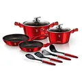 Produktbild: BerlingerHaus Haus Burgundy Kochtopf Set Induktion 10-Teiliges, Antihaft PFOA-frei Marmor, Aluminium, Set 2 Töpfe, 2 Glasdeckel, 2 Bratpfannen, 4 Küchenutensilien, Design Metallic Line Rot, Glaskeramik, BH-6141, Rot Metallic