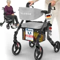 Produktbild: ELONEO 2 in 1 Rollstuhl Rollator faltbar und leicht mit Sitz, Outdoor Rollator Rollstuhl faltbar leicht für alle Gelände, Aluminium Gehhilfe für Senioren mit Netztasche, Transportrollstuhl, schwarz