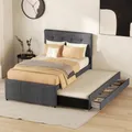 Produktbild: Polsterbett, 90x200 cm, Doppelbett mit 2. Schlafgelegenheit, Lattenrost und Schubladen, Kopfteil höhenverstellbar, Leinen
