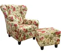 Produktbild: Gemütlicher Ohrensessel mit Hocker im Landhaus-Stil, B90/H98/T76 cm, hoher Sitzkomfort durch Wellenunterfederung, moderner Lesesessel mit Echtholzfüßen u. Zierkissen, Webstoff mit Blumenmuster / 18004