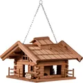 Produktbild: dobar® Green Label 98732FSCe Design Vogelfutterhaus St. Moritz hängend - Vogelhaus Hüttendesign - Vogelvilla Massivholz - Vogelfutterstation inklusive Kette zum Hängen - 37 x 37 x 26 cm - Braun