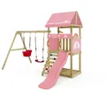 Produktbild: Wickey Spielturm DinkyHouse mit Schaukelanbau - pastellpinke Rutsche & Plane - Kinder Kletterturm für den Garten aus Massivholz - 303x317x247 cm