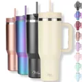 Produktbild: Milu Thermobecher 1200ml mit Strohhalm und Henkel – 48h Eis/24h kalt/12h heiß Edelstahl Tumbler 40oz mit Griff - Isolierbecher to go - Isolierflasche Trinkflasche doppelwandig isoliert (Beige, 1,2L)
