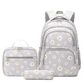 Produktbild: TCYIN Schulrucksack Mädchen Teenager Damen Schultasche Canvas Schulranzen Set Blumen Rucksack für Mädchen Schule Freizeit mit Lunchpaket Tasche und Mäppchen (3 in 1 Grau)