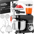 Produktbild: Küchenmaschine 3200 W mit 6L Edelstahl-Rührschüssel inkl. Rührhaken, Knethaken, Schneebesen und Spritzschutz, 6 Geschwindigkeiten 12-tlg Schwarz Retoo
