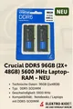 Produktbild: Crucial DDR5 96 GB (2×48 GB) 5600 MHz SODIMM Kit Laptop Arbeitsspeicher RAM NEU