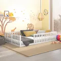 Produktbild: CADANI Teso Bodenbett 120x200 cm weiß Kinderbett, bis 200 kg belastbar, extra starker Roll-Lattenrost, umbaubar, Montessori inspiriert mitwachsend