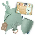 Produktbild: Amari ® Schmusetuch (Türkis Hase) mit Beißring und Lätzchen, Geburt für Junge und Mädchen - Baby Geschenk Neugeborene - Schnuffeltuch Babygeschenke Set zur Babyparty