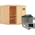 Produktbild: Karibu Woodfeeling Sauna Kotka - 68 mm Aktionssauna Bronzierte Ganzglastür Ohne Dachkranz 9 kW Ofen inkl. Steuergerät
