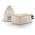 Produktbild: LARS NYSØM Brotkasten I Brotbox aus Metall mit Brotsack aus Leinen für langanhaltende Frische I Brotdose mit hochwertigem Bambusdeckel verwendbar als Schneidebrett I 34x18,5x13,5cm (Taupe Brown)