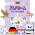 Produktbild: Papierdrachen 100 Metallic-Tattoos für Kinder - Hautfreundliche Kindertattoos Einhörner - Glitzer Tattoo - Geburtstagsmitgebsel - Für Jungen und Mädchen - in Deutschland hergestellt
