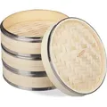 Produktbild: Relaxdays 10031464 Bambus Dampfgarer, 3 Etagen, mit Metallringen, asiatischer Dampfkorb für Reis, Dim Sum, Gemüse, Ø 24 cm, Natur, 23 x 24 x 24 ... - Hellbraun