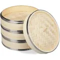 Produktbild: Relaxdays Bambus Dampfgarer, 3 Etagen, Mit Metallringen, Asiatischer Dampfkorb Für Reis, Dim Sum, Gemüse, Ø 24 Cm, Natur