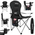 Produktbild: 24MOVE® Campingstuhl faltbar bis 150 kg, Faltstuhl Angelstuhl Klappstuhl Gepolstert mit Armlehnen, Getränkehalter + Tasche mit hoher Rückenlehne, Strandstuhl, Klapphocker, schwarz
