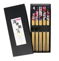 Produktbild: EXZACT Essstäbchen-Geschenkset - 5 Paar Wiederverwendbare Natürliche Bambus-Essstäbchen In Einer Schönen Schwarzen Handgefertigten Schachtel - Dekorierter Japanischer Glückskatzen