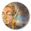 Produktbild: DEQORI Glasuhr | rund Ø 30 cm | Motiv Meditierender Buddha | ausgefallene leise Design Uhr aus Glas | Wanduhr für Wohnzimmer & Küche | moderne Hingucker Uhr für die Wand
