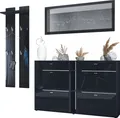 Produktbild: Vladon Garderoben-Set Orlando mit Schuhschrank, Germany, Wandpaneel und Wandspiegel, Schwarz matt/Schwarz Hochglanz