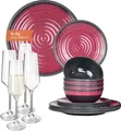 Produktbild: Melamin Camping Geschirr Set 4 Personen Stone Red + 4 Milano Champgner Gläser Flûtes Tafelgeschirr Picknick BBQ Kochgeschirr