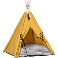 Produktbild: PawHut Tipi Zelt für Haustiere, Katzenzelt mit abnehmbar und waschbar Kissen, Katzenhaus mit rutschfestem Boden, Spielball, für Katzen unter 5kg, Mini Hunde, 60 x 60 x 76 cm, Gelb