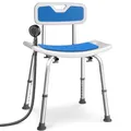 Produktbild: VOUNOT Duschstuhl mit Rückenlehne, ergonomischer Duschhocker für Senioren, höhenverstellbar 70–83cm, Stabil rutschfest Badhocker Duschsitz mit Brausehalterung, belastbar bis 136 kg, Blau