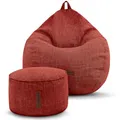 Produktbild: Green Bean Indoor XXL Sitzsack Home Linen + Hocker mit EPS-Perlen Füllung - Sitz-Pouf Bodenkissen Liegekissen Sitzkissen Lounge Chair Sitzhocker Relax-Sessel Bean Bag Rot