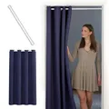Produktbild: tinycurtains, Thermo Türvorhang mit Teleskopstange, einfache Montage in nur 1 Minute ohne Bohren (Türgardine blau H200 x B150 cm + Stange weiß B55-90 cm)