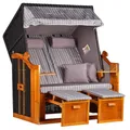 Produktbild: MR. DEKO® Strandkorb Ostsee Volllieger 2-Sitzer | PE Geflecht Schwarz Bezug Uni grau | inkl. 4 Kissen & Klapptisch | Strandstuhl verstellbar | Strandkörbe Hartholz Fußablage (Dessin Royal Grau)