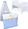 Produktbild: Baby-Delux Babybett Komplettbett Jack 140x70 Weiß Kiefernholz inkl. 10-tlg Set. Matratze, Bettwäsche Set, Beißschienen & Stickerei- Prince