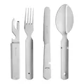 Produktbild: GRÄWE Campingbesteck 4-teilig, Bundeswehrbesteck, Besteckset aus Edelstahl, Outdoor Besteck Set, zusammensteckbar, mit Flaschenöffner, Dosenöffner und Brotmesser