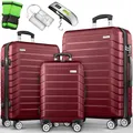 Produktbild: tillvex® Reisekoffer Set 3-TLG. + Gepäckwaage, 6X Koffergurte & 3X Kofferanhänger | Kofferset 4 Rollen | Trolley Gepäck Koffer TSA Schloss | Rollkoffer Hartschalenkofferset M-L-XL (Rot)