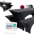 Produktbild: Beautissu Edles Stretchhussen Set 3tlg. Victoria - Elastische Hussen für Bierzeltgarnitur 220x50 cm – Festliche Husse Biertisch + 2 Bierbank in Schwarz