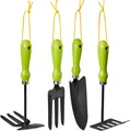 Produktbild: Relaxdays Gartenwerkzeug Set 4-teilig, Blumenkelle, Kleinrechen, Doppelhacke, Blumengabel, Gartengeräte Set, Eisen, grün