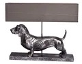 Produktbild: Tischlampe XXL Dackel Leuchte Hund 60cm Lampe Hundefigur Nachttischlampe Hundelampe cw195 Palazzo Exklusiv „VILLA CHARLY“ – Silber Dachshund mit Stoffschirm im englischen Stil