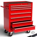Produktbild: Arebos Werkstattwagen 7 Schubfächer | Werkzeugwagen zentral abschließbar inkl. 2 Schlüssel & Antirutschmatten | kugelgelagerte Schubladen | 2 Rollen mit Feststellbremse | Rot