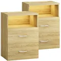 Produktbild: Casaria® Nachttisch 2er Set Touch LED Beleuchtung 40x28x55cm Holz 2 Schubladen Boxspringbett Schlafzimmer Wohnzimmer Beistelltisch Nachtschrank Eiche
