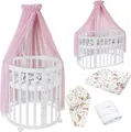 Produktbild: Mobiles Babybett OWAL aus Holz 7in1 mit Matratze, mitwachsend,Stoffe Rosa Tiere,Holz weiß