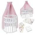 Produktbild: Waldin Oval Baby-Bett Mitwachsend Komplett Set 7in1, Gitterbett, Kinderbett mit Matratze, Wickelkommode, Beistellbett, Holz Weiß, Stoffe Rosa Tiere