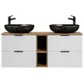 Produktbild: Lomadox Waschtisch ADELAIDE-56-WHITE, 140cm, weiß mit Eiche Nb., Keramikbecken schwarz goldfarben marmoriert weiß 141 cm x 72 cm x 47 cm