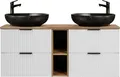 Produktbild: Waschtisch 140cm mit 2 schwarzen Aufsatzbecken, weiß mit Eiche Nb., Front gerillt, ADELAIDE-56-WHITE
